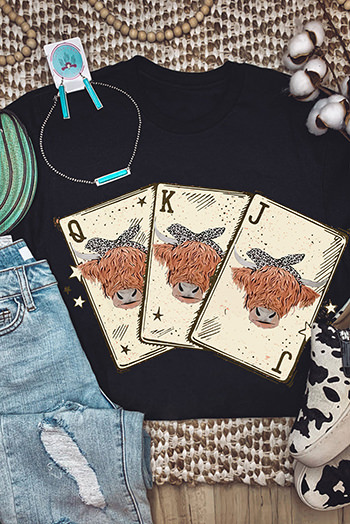 Black Cow Poker Cards Graphic Print Short Sleeve T Shirt