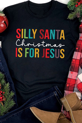 Black Silly Santa Christmas is For Jesus Short Sleeve T Shirt