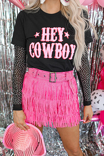 Black HEY COWBOY Letters Crew Neck T Shirt