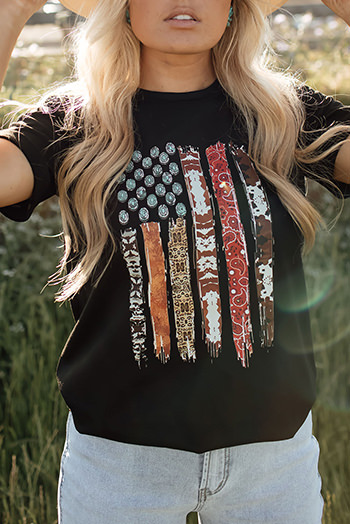 Black Western American Flag Print Short Sleeve Graphic Tee