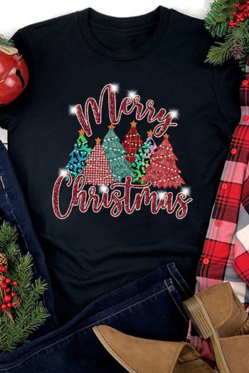 Black Merry Christmas Tree Pattern Graphic Tee