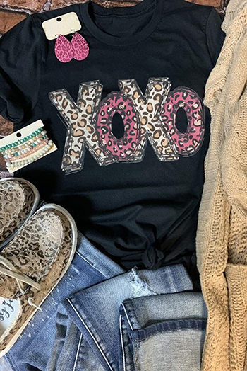 Black XOXO Leopard Letter Print T Shirt