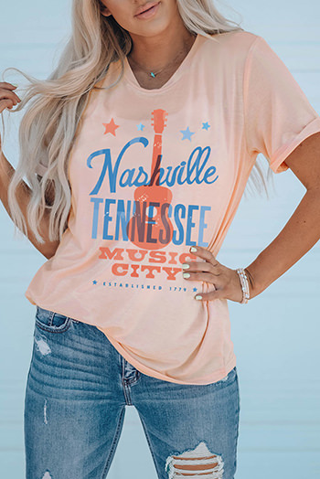 Pink Nashville Tennessee Guitar Graphic Print Crewneck Top