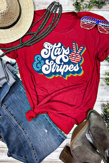 Red Stars and Stripes Graphic Print Crew Neck T Shirt