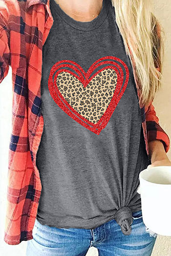 Gray Sequin Leopard Heart Graphic T Shirt