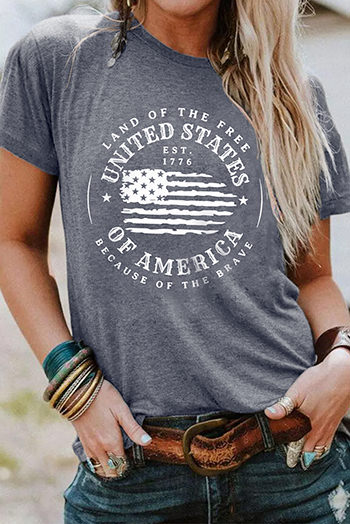 Gray United States Of America Flag Graphic Print Short Sleeve T Shirt