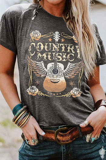 Gray COUNTRY MUSIC Guitar Graphic Print Short Sleeve T Shirt