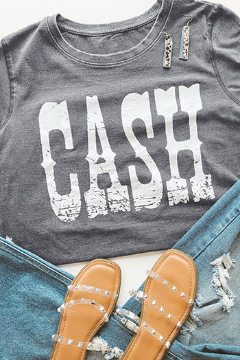 Gray CASH Letter Print Short Sleeve T Shirt