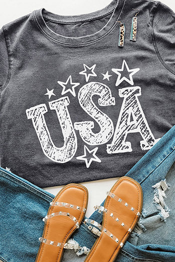 Gray USA Stars Graphic Print Short Sleeve Casual Tee