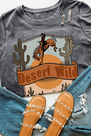 Gray Desert Wild Cowboy Cactus Print Short Sleeve Graphic Tee