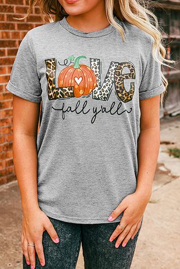 Gray Love Fall Y'all Pumkin Leopard T Shirt