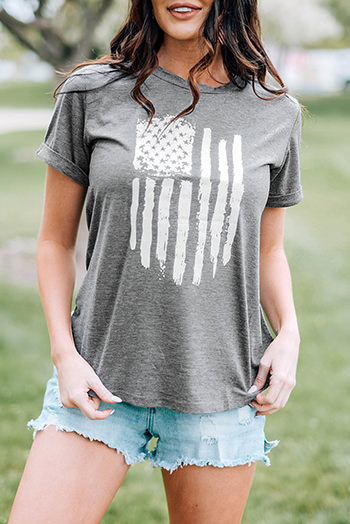 Gray America Flag Print Short Sleeve Crewneck T Shirt