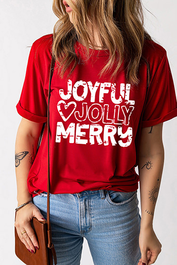 Fiery Red JOYFUL JOLLY MERRY Heart Print Crew Neck T Shirt