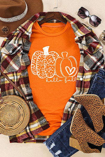 Orange Pumpkin Graphic Crew Neck T Shirt