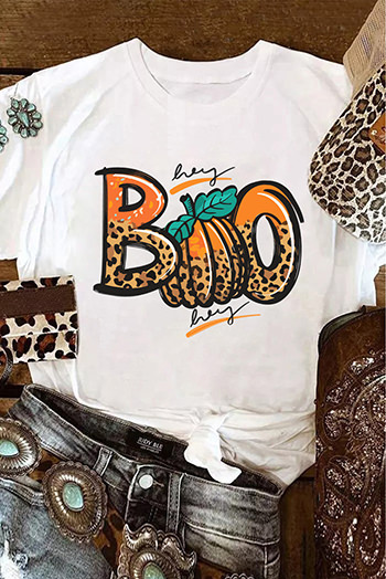 White BOO Pumpkin Leopard Print Crew Neck T Shirt