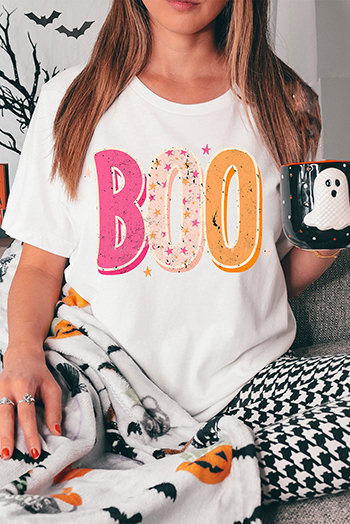 White Halloween BOO Letter Graphic T Shirt