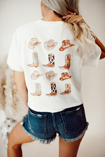 White Double-Side Cowboy Hat and Boots Graphic Tee