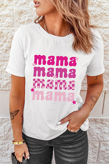 White Round Neck mama Graphic Casual Tee