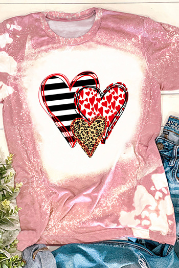 Pink Bleached Tie dye Print Heart Shape Graphic Tee