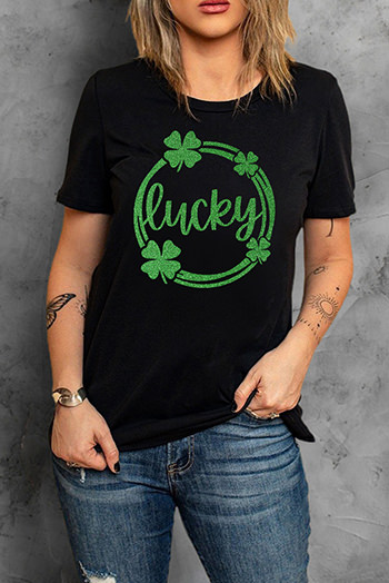 Black St Patrick Sequin Lucky Clover Print Short Sleeve T Shirt