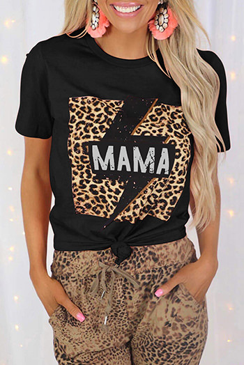 Black MAMA Leopard Lightning Print Graphic T Shirt