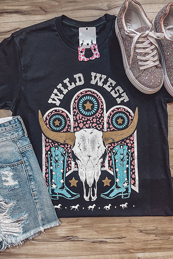 Black WILD WEST Steer Skull Graphic T Shirt