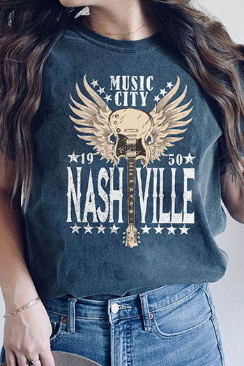 Black Vintage Music City Graphic Print T Shirt