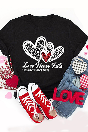 Black Love Never Fails Leopard Sequin Heart Graphic Valentines Tee