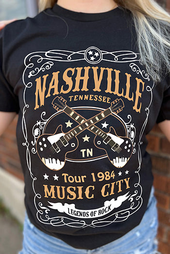 Black NASHVILLE Letter Guitar Print Short Sleeve Graphic Tee