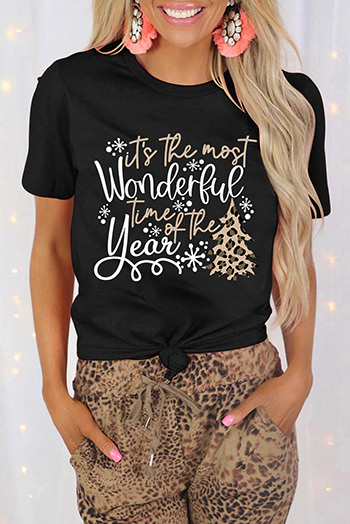 Black Wonderful Christmas Season Leopard Graphic Tee