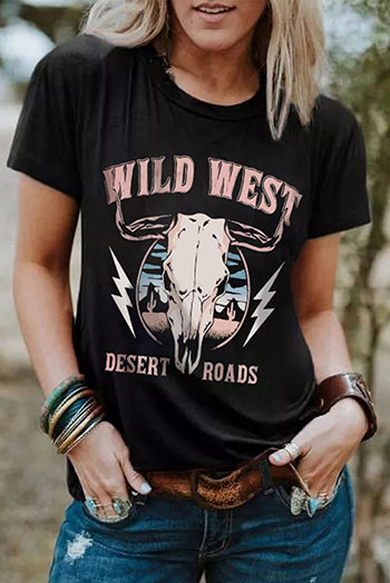 Black Wild West Desert Roads Steer Head Graphic Tee