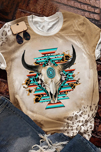 Khaki Western Aztec Steer Head Leopard Print Crewneck T Shirt