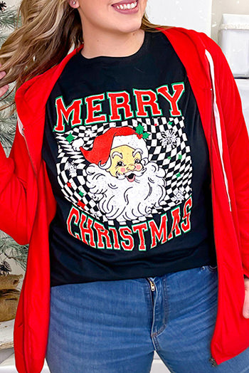 Black Santa Claus Plaid Print Christmas Crewneck Tee