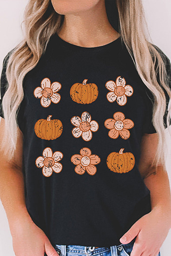 Black Pumpkin Flower Print Short Sleeve Graphic Top