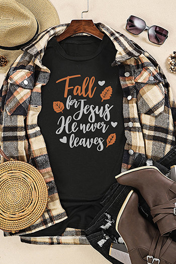 Black Fall for Jesus He Never Leaves Graphic T Shirt