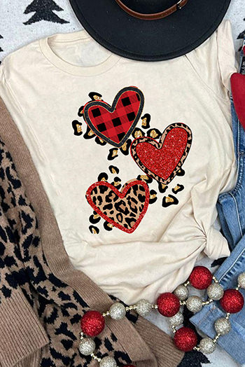 Khaki Leopard Sequin Heart-shaped Graphic T Shirt