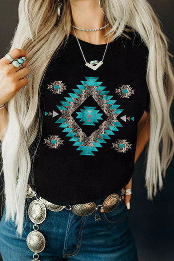 Black Western Aztec Printed Crewneck Graphic Tee