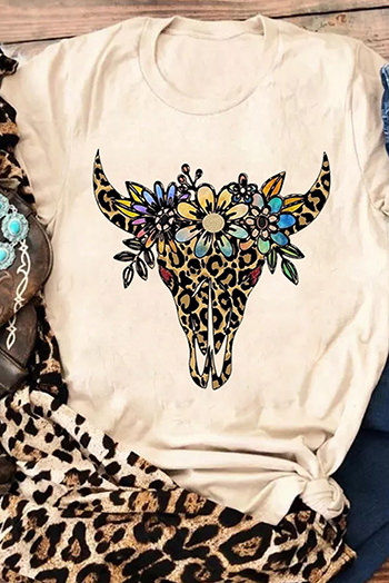 Khaki Western Leopard Cow Skull Graphic Print T Shirt