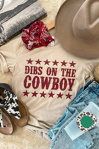 Khaki DIBS ON THE COWBOY Stars Graphic T Shirt