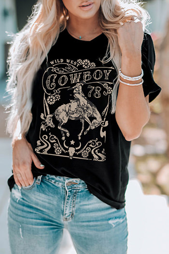 Black Western COWBOY 78 Graphic Crew Neck T Shirt