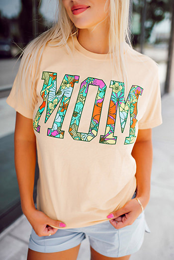 Khaki MOM Floral Letter Print T Shirt