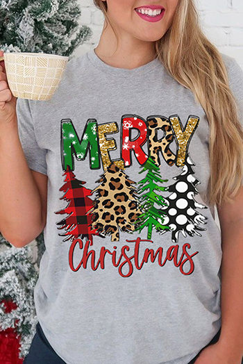 Gray Merry Christmas Tree Pattern Print Crew Neck Graphic Tee