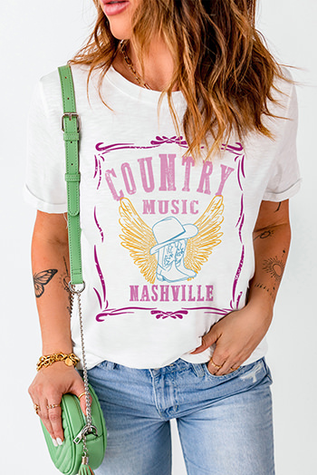 White COUNTRY MUSIC NASHVILLE Boots Wings Print Graphic T Shirt