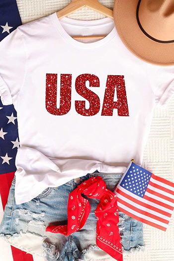 White USA Glitter Pattern Print Short Sleeve T Shirt