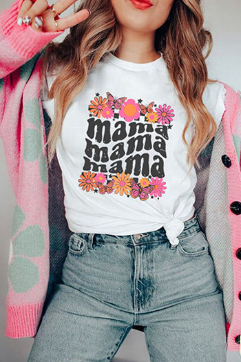 White Retro mama Flower Graphic T Shirt