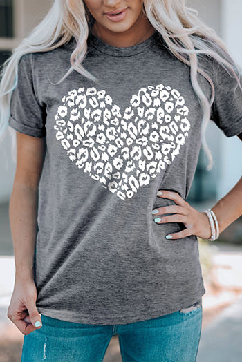 Gray Leopard Kiss Print Valentines Heart Graphic Tee