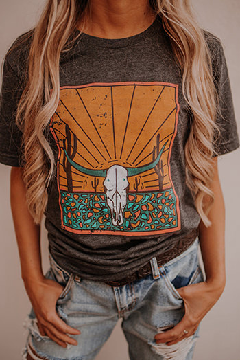 Gray Western Steer Skull Graphic Crew Neck T Shirt