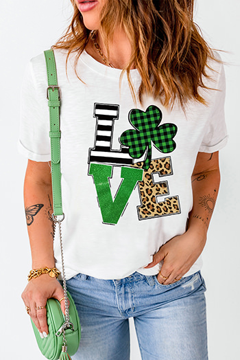 White LOVE Clover Glitter Graphic Print Crew Neck T Shirt