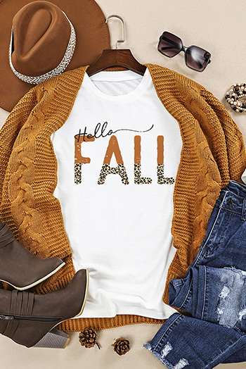 White Hello Fall Leopard Fun Graphic T Shirt