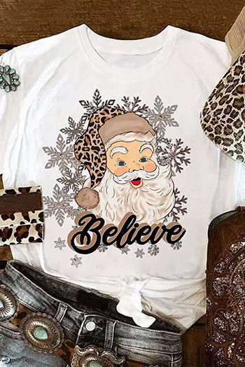 White Believe Santa Claus Snowflake Print Crew Neck T Shirt